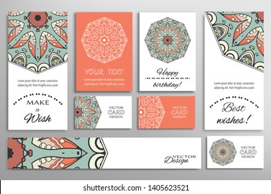 Big set of greeting Cards or wedding Invitations. Postcards template with inscription Make a Wish, Best Wishes, Happy Birthday. Banner, business cards with mandala ornament. Isolated design elements