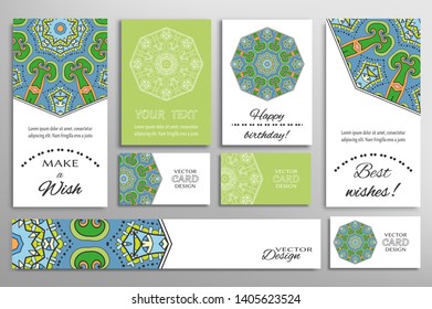 Big set of greeting Cards or wedding Invitations. Postcards template with inscription Make a Wish, Best Wishes, Happy Birthday. Banner, business cards with mandala ornament. Isolated design elements
