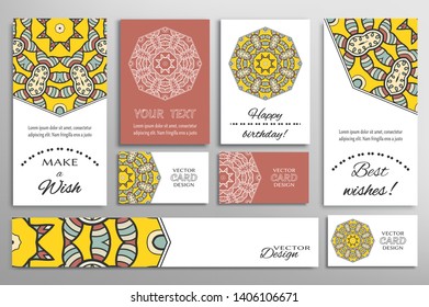 Big set of greeting Cards or wedding Invitations. Postcards template with inscription Make a Wish, Best Wishes, Happy Birthday. Banner, business cards with mandala ornament. Isolated design elements