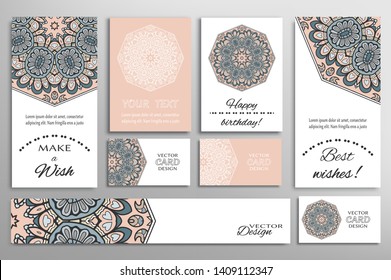 Big set of greeting Cards or wedding Invitations. Postcards template with inscription Make a Wish, Best Wishes, Happy Birthday. Banner, business cards with mandala ornament. Isolated design elements