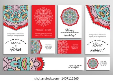 Big set of greeting Cards or wedding Invitations. Postcards template with inscription Make a Wish, Best Wishes, Happy Birthday. Banner, business cards with mandala ornament. Isolated design elements