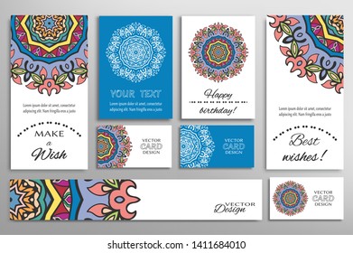 Big set of greeting Cards or wedding Invitations. Postcards template with inscription Make a Wish, Best Wishes, Happy Birthday. Banner, business cards with mandala ornament. Isolated design elements