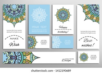 Big set of greeting Cards or wedding Invitations. Postcards template with inscription Make a Wish, Best Wishes, Happy Birthday. Banner, business cards with mandala ornament. Isolated design elements