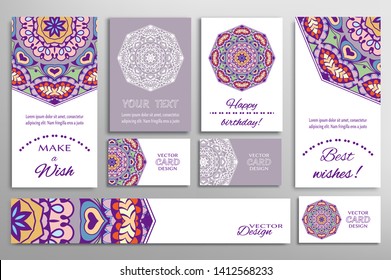 Big set of greeting Cards or wedding Invitations. Postcards template with inscription Make a Wish, Best Wishes, Happy Birthday. Banner, business cards with mandala ornament. Isolated design elements