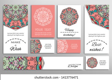 Big set of greeting Cards or wedding Invitations. Postcards template with inscription Make a Wish, Best Wishes, Happy Birthday. Banner, business cards with mandala ornament. Isolated design elements
