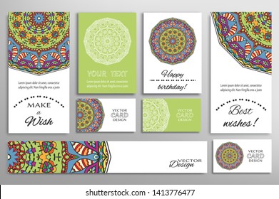 Big set of greeting Cards or wedding Invitations. Postcards template with inscription Make a Wish, Best Wishes, Happy Birthday. Banner, business cards with mandala ornament. Isolated design elements