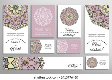 Big set of greeting Cards or wedding Invitations. Postcards template with inscription Make a Wish, Best Wishes, Happy Birthday. Banner, business cards with mandala ornament. Isolated design elements