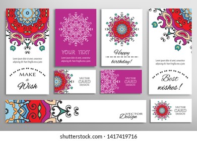 Big set of greeting Cards or wedding Invitations. Postcards template with inscription Make a Wish, Best Wishes, Happy Birthday. Banner, business cards with mandala ornament. Isolated design elements