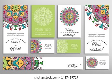 Big set of greeting Cards or wedding Invitations. Postcards template with inscription Make a Wish, Best Wishes, Happy Birthday. Banner, business cards with mandala ornament. Isolated design elements