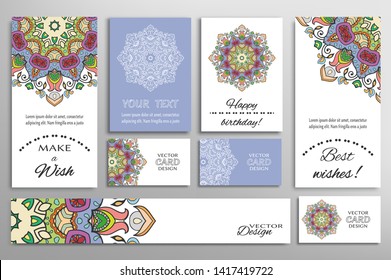 Big set of greeting Cards or wedding Invitations. Postcards template with inscription Make a Wish, Best Wishes, Happy Birthday. Banner, business cards with mandala ornament. Isolated design elements