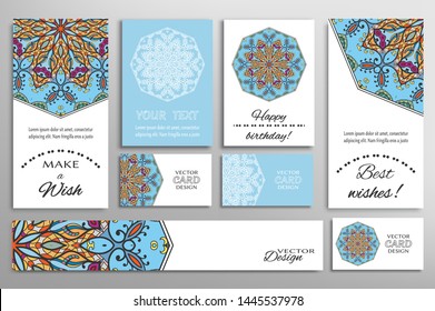 Big set of greeting Cards or wedding Invitations. Postcards template with inscription Make a Wish, Best Wishes, Happy Birthday. Banner, business cards with mandala ornament. Isolated design elements