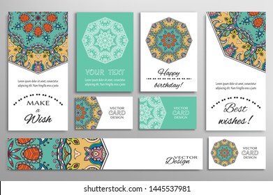 Big set of greeting Cards or wedding Invitations. Postcards template with inscription Make a Wish, Best Wishes, Happy Birthday. Banner, business cards with mandala ornament. Isolated design elements