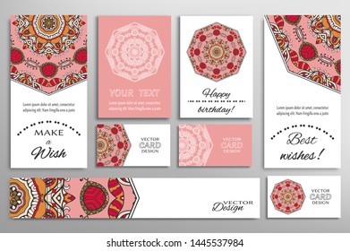Big set of greeting Cards or wedding Invitations. Postcards template with inscription Make a Wish, Best Wishes, Happy Birthday. Banner, business cards with mandala ornament. Isolated design elements