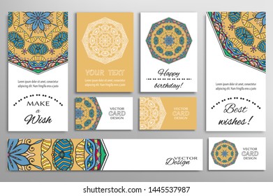 Big set of greeting Cards or wedding Invitations. Postcards template with inscription Make a Wish, Best Wishes, Happy Birthday. Banner, business cards with mandala ornament. Isolated design elements