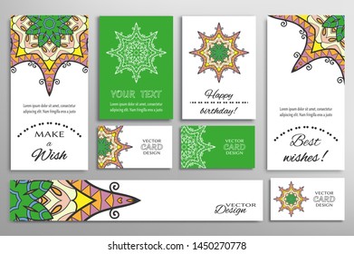 Big set of greeting Cards or wedding Invitations. Postcards template with inscription Make a Wish, Best Wishes, Happy Birthday. Banner, business cards with mandala ornament. Isolated design elements