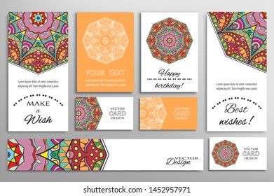 Big set of greeting Cards or wedding Invitations. Postcards template with inscription Make a Wish, Best Wishes, Happy Birthday. Banner, business cards with mandala ornament. Isolated design elements