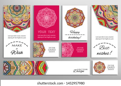 Big set of greeting Cards or wedding Invitations. Postcards template with inscription Make a Wish, Best Wishes, Happy Birthday. Banner, business cards with mandala ornament. Isolated design elements
