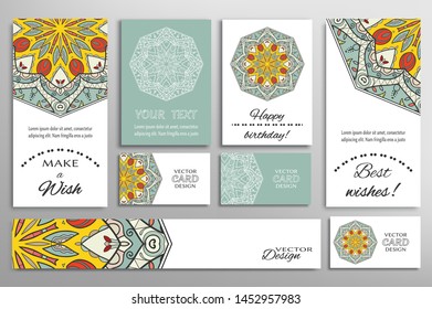 Big set of greeting Cards or wedding Invitations. Postcards template with inscription Make a Wish, Best Wishes, Happy Birthday. Banner, business cards with mandala ornament. Isolated design elements