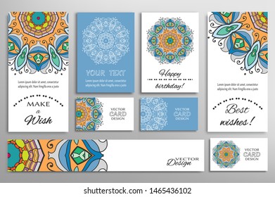 Big set of greeting Cards or wedding Invitations. Postcards template with inscription Make a Wish, Best Wishes, Happy Birthday. Banner, business cards with mandala ornament. Isolated design elements