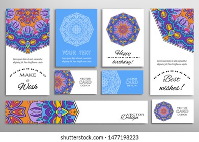 Big set of greeting Cards or wedding Invitations. Postcards template with inscription Make a Wish, Best Wishes, Happy Birthday. Banner, business cards with mandala ornament. Isolated design elements