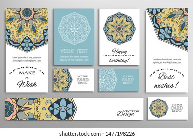 Big set of greeting Cards or wedding Invitations. Postcards template with inscription Make a Wish, Best Wishes, Happy Birthday. Banner, business cards with mandala ornament. Isolated design elements