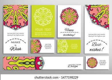 Big set of greeting Cards or wedding Invitations. Postcards template with inscription Make a Wish, Best Wishes, Happy Birthday. Banner, business cards with mandala ornament. Isolated design elements