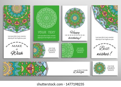 Big set of greeting Cards or wedding Invitations. Postcards template with inscription Make a Wish, Best Wishes, Happy Birthday. Banner, business cards with mandala ornament. Isolated design elements