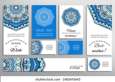 Big set of greeting Cards or wedding Invitations. Postcards template with inscription Make a Wish, Best Wishes, Happy Birthday. Banner, business cards with mandala ornament. Isolated design elements