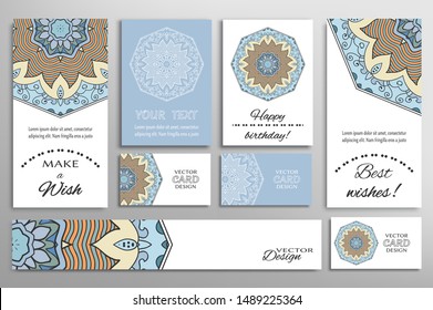 Big set of greeting Cards or wedding Invitations. Postcards template with inscription Make a Wish, Best Wishes, Happy Birthday. Banner, business cards with mandala ornament. Isolated design elements