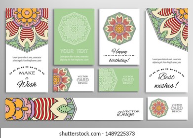 Big set of greeting Cards or wedding Invitations. Postcards template with inscription Make a Wish, Best Wishes, Happy Birthday. Banner, business cards with mandala ornament. Isolated design elements