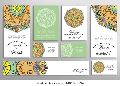 Big set of greeting Cards or wedding Invitations. Postcards template with inscription Make a Wish, Best Wishes, Happy Birthday. Banner, business cards with mandala ornament. Isolated design elements