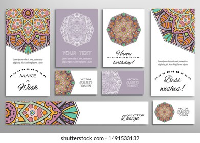 Big set of greeting Cards or wedding Invitations. Postcards template with inscription Make a Wish, Best Wishes, Happy Birthday. Banner, business cards with mandala ornament. Isolated design elements