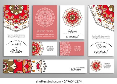 Big set of greeting Cards or wedding Invitations. Postcards template with inscription Make a Wish, Best Wishes, Happy Birthday. Banner, business cards with mandala ornament. Isolated design elements