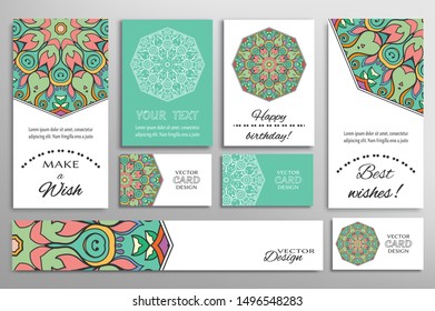Big set of greeting Cards or wedding Invitations. Postcards template with inscription Make a Wish, Best Wishes, Happy Birthday. Banner, business cards with mandala ornament. Isolated design elements