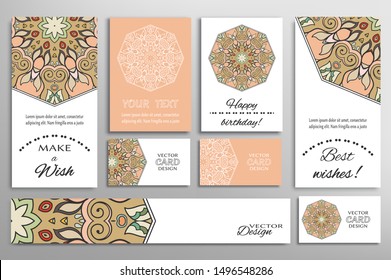 Big set of greeting Cards or wedding Invitations. Postcards template with inscription Make a Wish, Best Wishes, Happy Birthday. Banner, business cards with mandala ornament. Isolated design elements