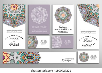 Big set of greeting Cards or wedding Invitations. Postcards template with inscription Make a Wish, Best Wishes, Happy Birthday. Banner, business cards with mandala ornament. Isolated design elements