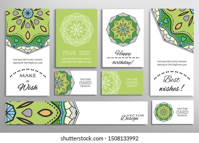 Big set of greeting Cards or wedding Invitations. Postcards template with inscription Make a Wish, Best Wishes, Happy Birthday. Banner, business cards with mandala ornament. Isolated design elements
