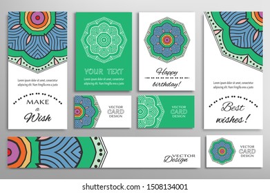 Big set of greeting Cards or wedding Invitations. Postcards template with inscription Make a Wish, Best Wishes, Happy Birthday. Banner, business cards with mandala ornament. Isolated design elements