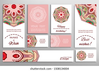 Big set of greeting Cards or wedding Invitations. Postcards template with inscription Make a Wish, Best Wishes, Happy Birthday. Banner, business cards with mandala ornament. Isolated design elements