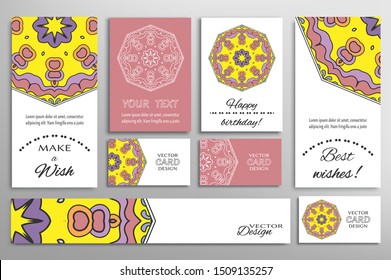 Big set of greeting Cards or wedding Invitations. Postcards template with inscription Make a Wish, Best Wishes, Happy Birthday. Banner, business cards with mandala ornament. Isolated design elements