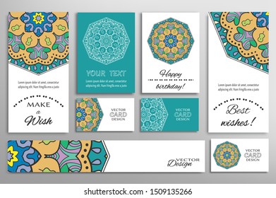 Big set of greeting Cards or wedding Invitations. Postcards template with inscription Make a Wish, Best Wishes, Happy Birthday. Banner, business cards with mandala ornament. Isolated design elements