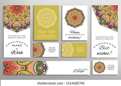 Big set of greeting Cards or wedding Invitations. Postcards template with inscription Make a Wish, Best Wishes, Happy Birthday. Banner, business cards with mandala ornament. Isolated design elements