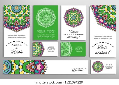 Big set of greeting Cards or wedding Invitations. Postcards template with inscription Make a Wish, Best Wishes, Happy Birthday. Banner, business cards with mandala ornament. Isolated design elements
