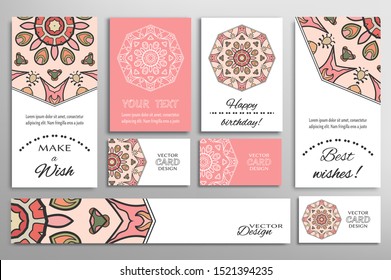 Big set of greeting Cards or wedding Invitations. Postcards template with inscription Make a Wish, Best Wishes, Happy Birthday. Banner, business cards with mandala ornament. Isolated design elements