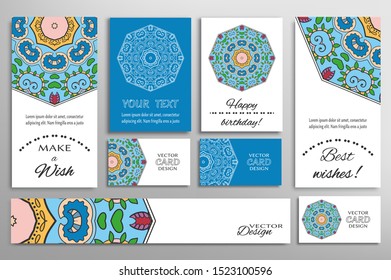 Big set of greeting Cards or wedding Invitations. Postcards template with inscription Make a Wish, Best Wishes, Happy Birthday. Banner, business cards with mandala ornament. Isolated design elements