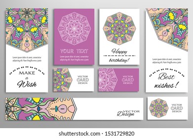 Big set of greeting Cards or wedding Invitations. Postcards template with inscription Make a Wish, Best Wishes, Happy Birthday. Banner, business cards with mandala ornament. Isolated design elements