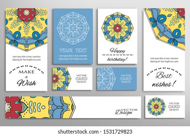 Big set of greeting Cards or wedding Invitations. Postcards template with inscription Make a Wish, Best Wishes, Happy Birthday. Banner, business cards with mandala ornament. Isolated design elements