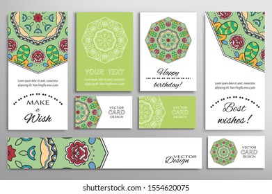 Big set of greeting Cards or wedding Invitations. Postcards template with inscription Make a Wish, Best Wishes, Happy Birthday. Banner, business cards with mandala ornament. Isolated design elements