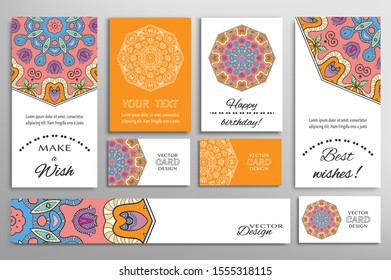 Big set of greeting Cards or wedding Invitations. Postcards template with inscription Make a Wish, Best Wishes, Happy Birthday. Banner, business cards with mandala ornament. Isolated design elements