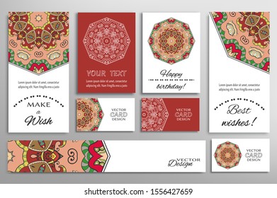 Big set of greeting Cards or wedding Invitations. Postcards template with inscription Make a Wish, Best Wishes, Happy Birthday. Banner, business cards with mandala ornament. Isolated design elements